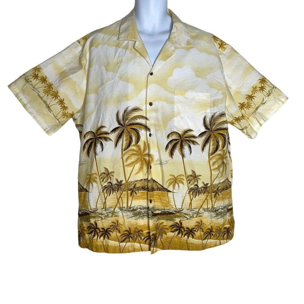 Vintage Ky's Yellow Airplane Beach Volcano Hawaiian Aloha Shirt Men's 2XL